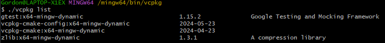 Screenshot of `vcpkg list` showing gtest installed