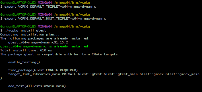 Screenshot showing successful gtest install with x64-mingw-dynamic