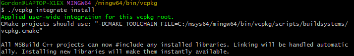 Screenshot of successful vcpkg integrate install