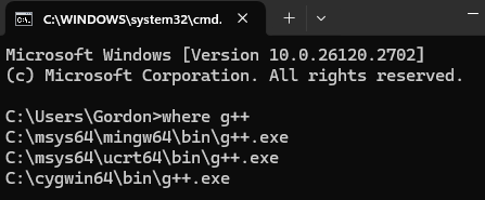Screenshot showing multiple g++ paths in Windows environment