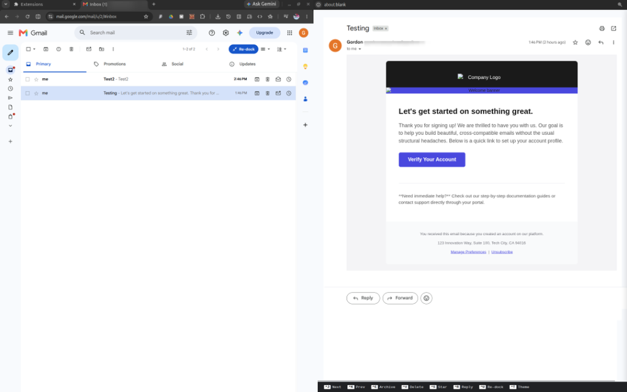 Undock Engine showing Gmail's inbox and detached Reading Pane